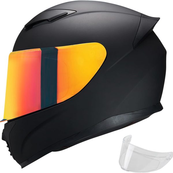 Full Face Helmet Black Motorcycle Motorbike Street Bike Racing for Adults   Approved (with Chrome Red, L)