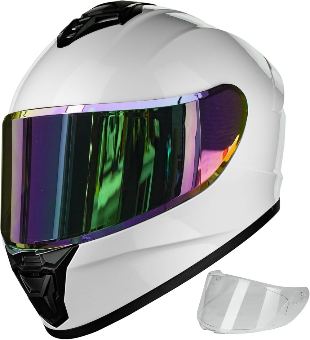 Motorcycle for Adult Men Women, Full Face Lightweight Street Bike Racing  Helmet with Extra Clear Visor Model AU-T801 White, Large
