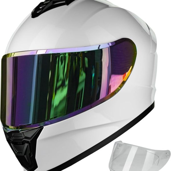 Motorcycle for Adult Men Women, Full Face Lightweight Street Bike Racing  Helmet with Extra Clear Visor Model AU-T801 White, Large
