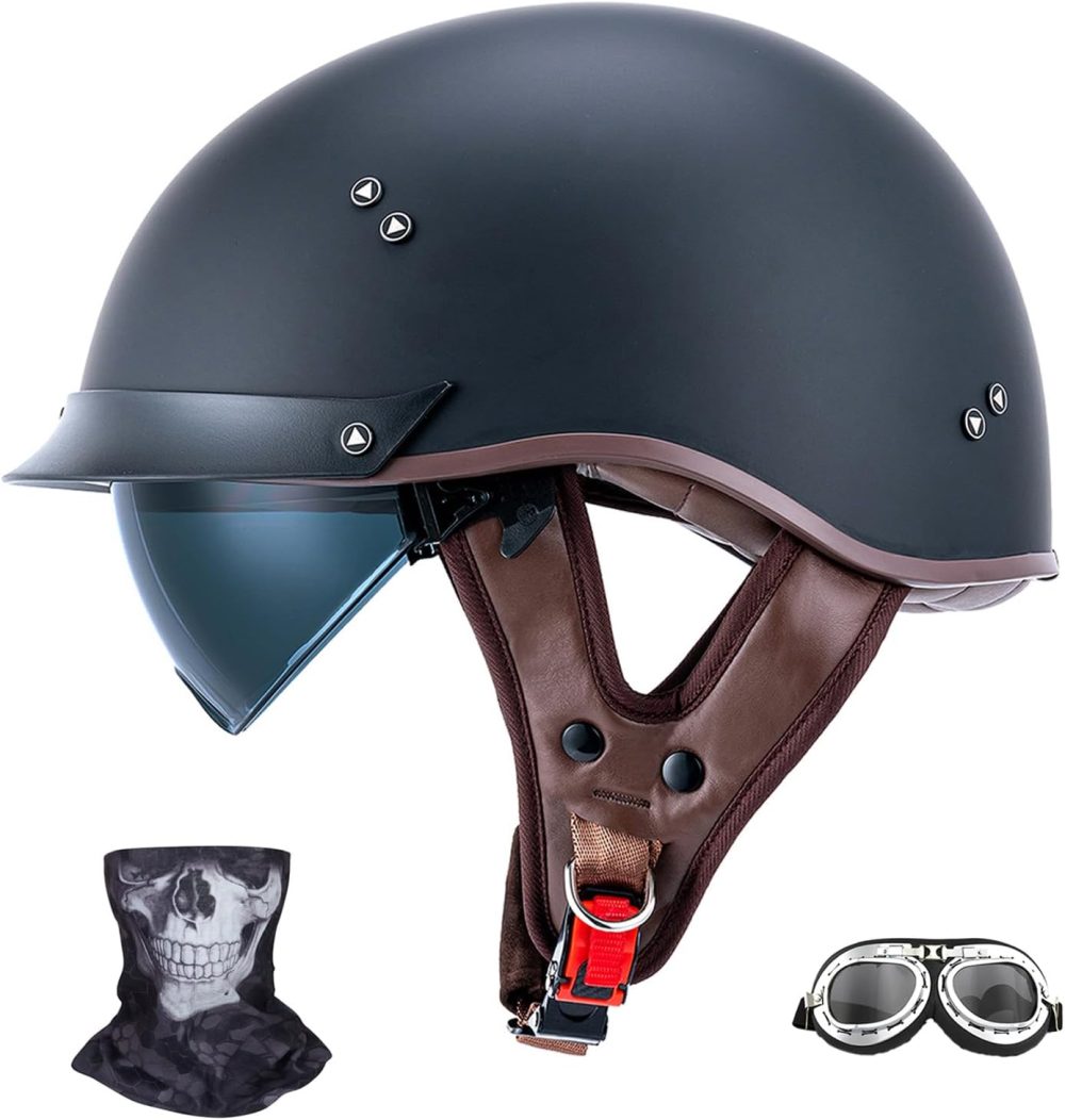 Retro Motorcycle Helmets for Men Women Open Face Helmets Sun Visor Quick Release Buckle  DOT Approved Half Face Crusier Helmet (Matte Black, M)