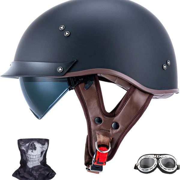 Retro Motorcycle Helmets for Men Women Open Face Helmets Sun Visor Quick Release Buckle  DOT Approved Half Face Crusier Helmet (Matte Black, M)