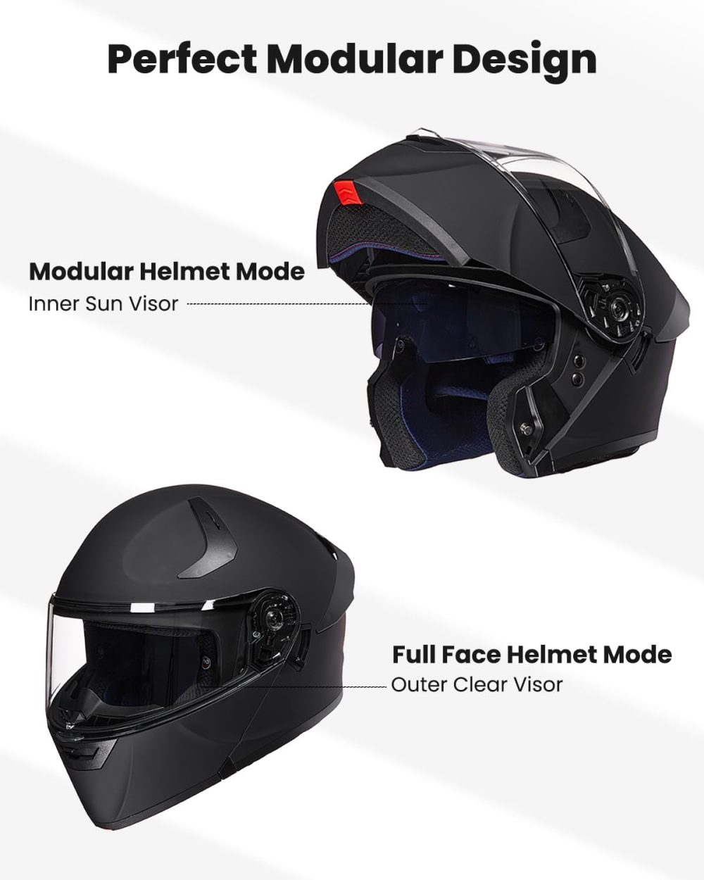 Adult Motorcycle Helmet Dual Visor Flip up Modular Full Face Helmet  Model (Matte Black,Large) - Image 2