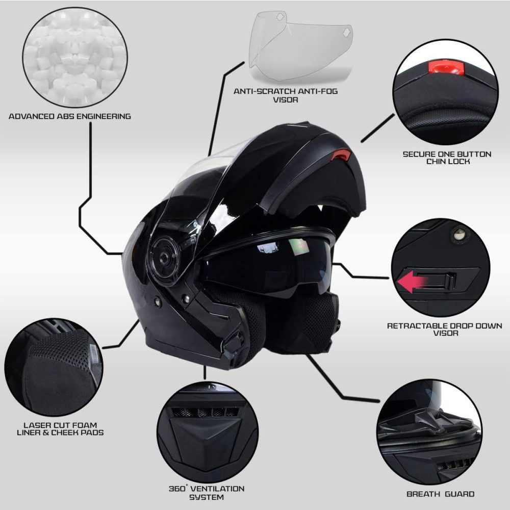 Helmets  Gloss Black Advanced Motorcycle Modular Helmet Biker w/Drop Down Visor - XX-Large - Image 2