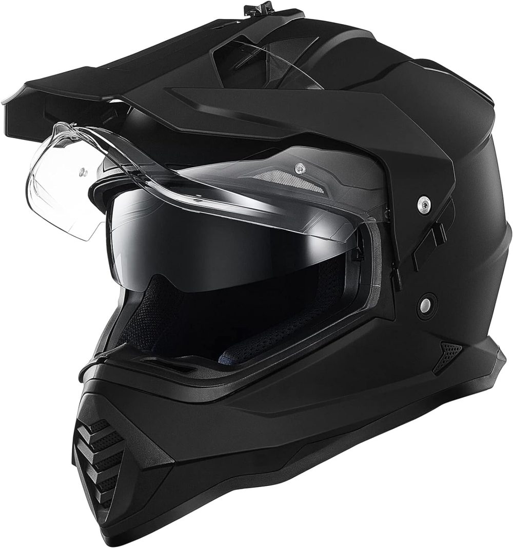 Dual Sport Adventure Motorcycle Helmet with  Compatible Sun Visor Snowmobile ATV Dirt Bike Off Road  Model  (Matte Black, L)