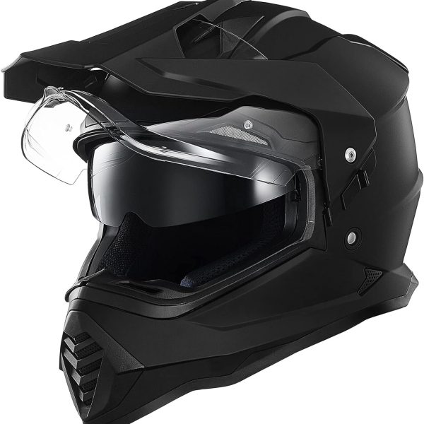 Dual Sport Adventure Motorcycle Helmet with  Compatible Sun Visor Snowmobile ATV Dirt Bike Off Road  Model  (Matte Black, L)