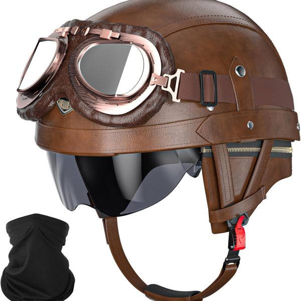 Helmet Leather Vintage Motorcycle Half Helmet DOT Approved Retro Motorcycle Helmets with Goggles and Visor, Removable Lining/Earmuffs, for Bicycle Cruiser Scooter , for Adults Men Women