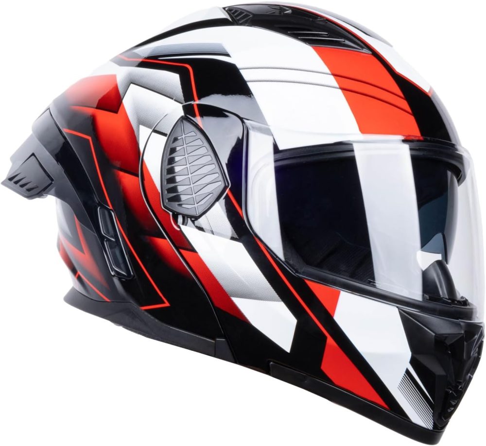 Full Face Modular Motorcycle Helmets Dual Visor Flip up DOT Approved Racing Street Bike Motocross Helmet for Adults (Black/Red White, X-Large)