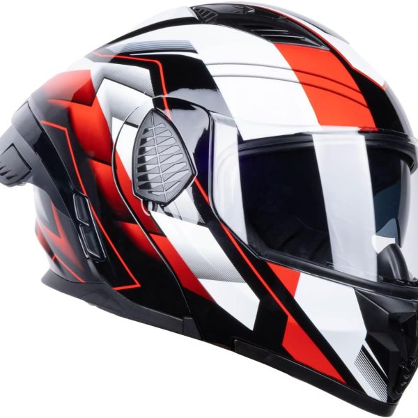Full Face Modular Motorcycle Helmets Dual Visor Flip up DOT Approved Racing Street Bike Motocross Helmet for Adults (Black/Red White, X-Large)
