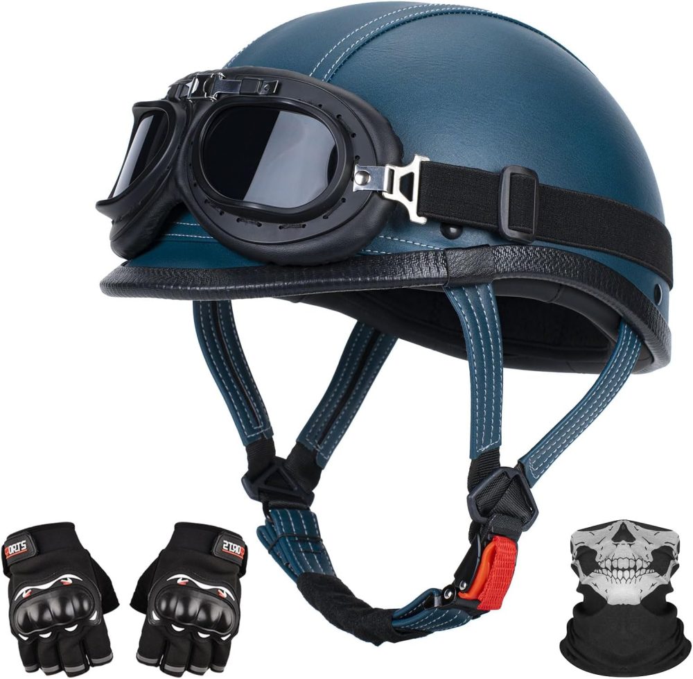 Handmade Leather Motorcycle Helmet Retro Half Face Helmet for Adults Men & Women, Lightweight Open Face 1/2 Vintage Helmets for Moped Cruiser Scooter  DOT Approved