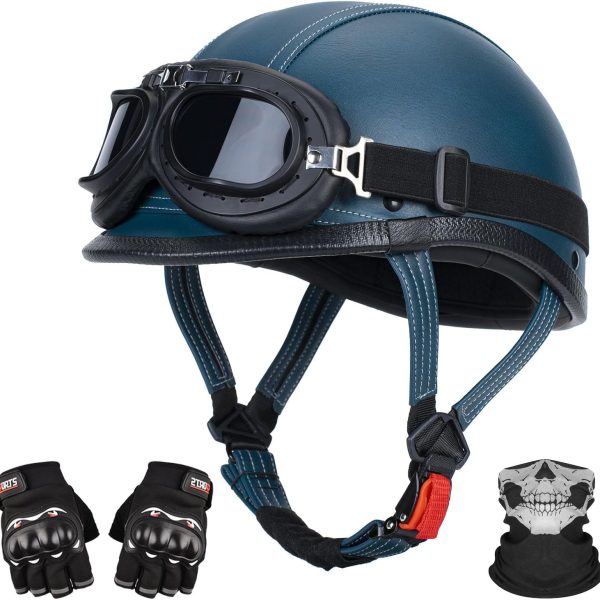 Handmade Leather Motorcycle Helmet Retro Half Face Helmet for Adults Men & Women, Lightweight Open Face 1/2 Vintage Helmets for Moped Cruiser Scooter  DOT Approved