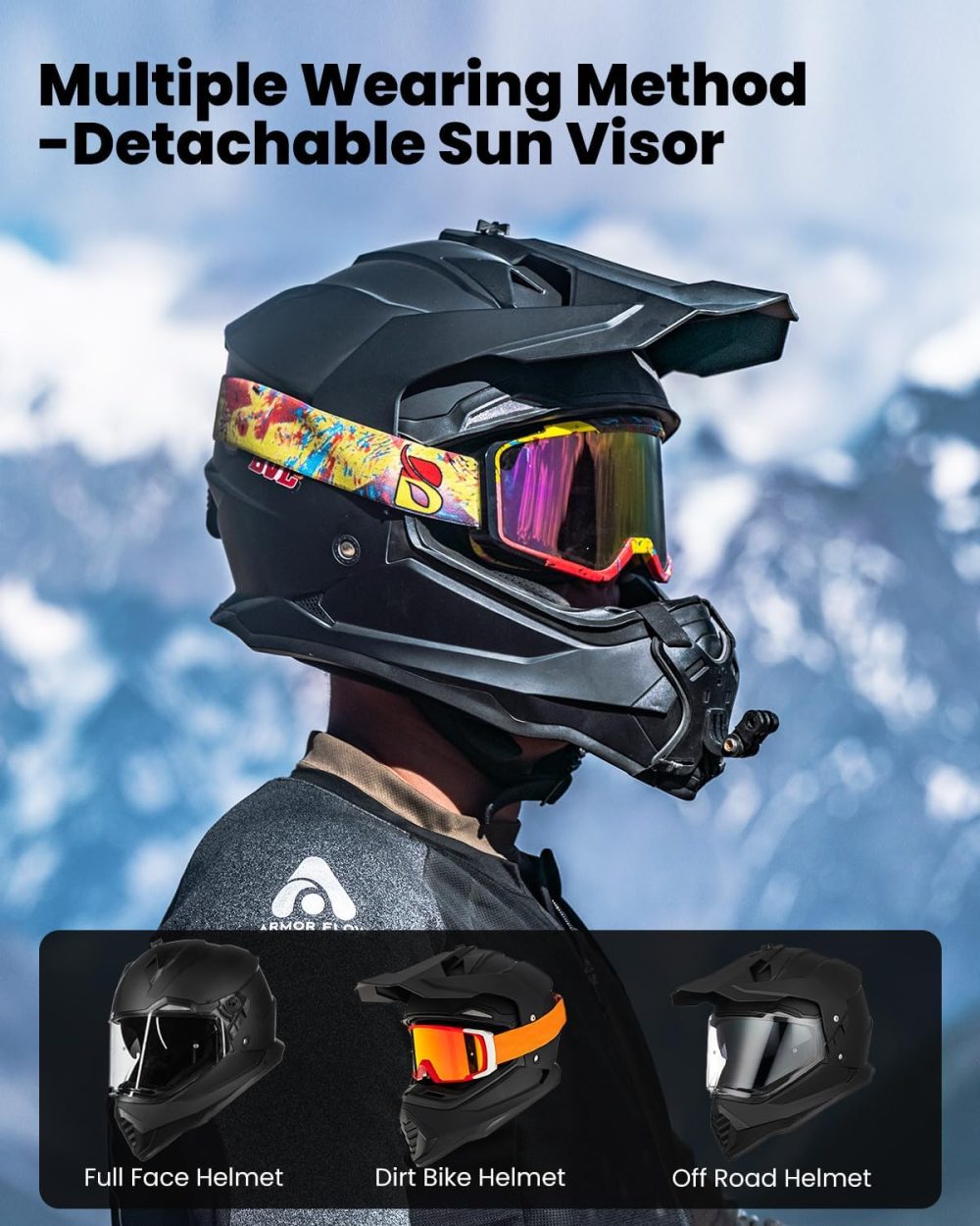 Dual Sport Adventure Motorcycle Helmet with  Compatible Sun Visor Snowmobile ATV Dirt Bike Off Road  Model  (Matte Black, L) - Image 2