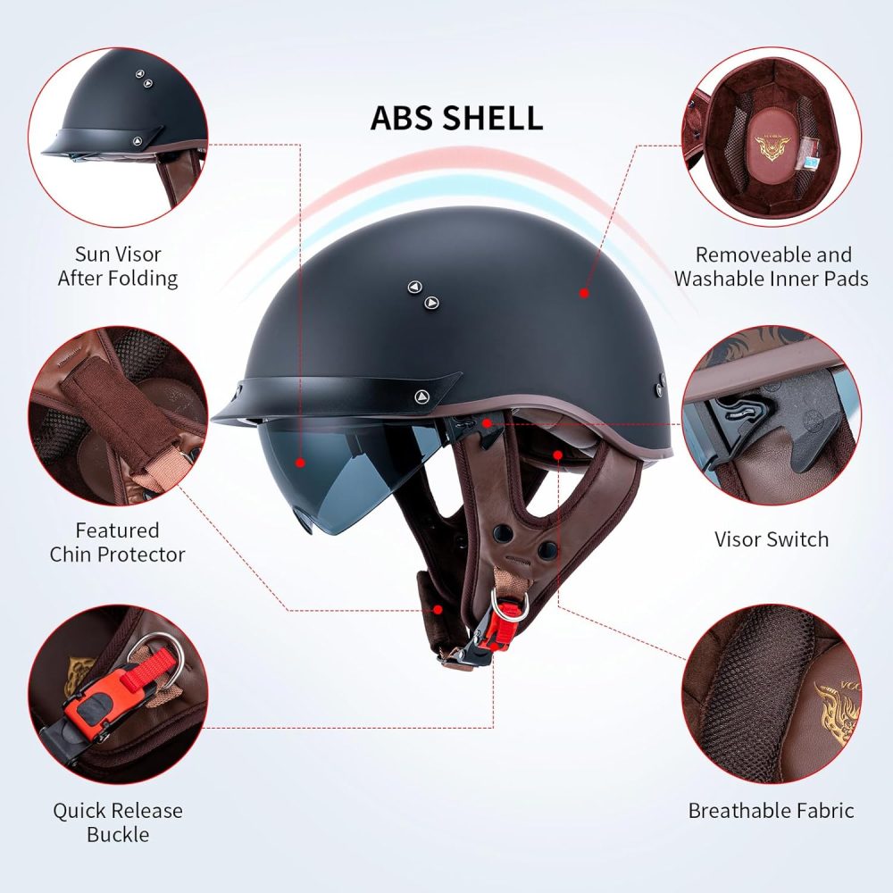 Retro Motorcycle Helmets for Men Women Open Face Helmets Sun Visor Quick Release Buckle  DOT Approved Half Face Crusier Helmet (Matte Black, M) - Image 2